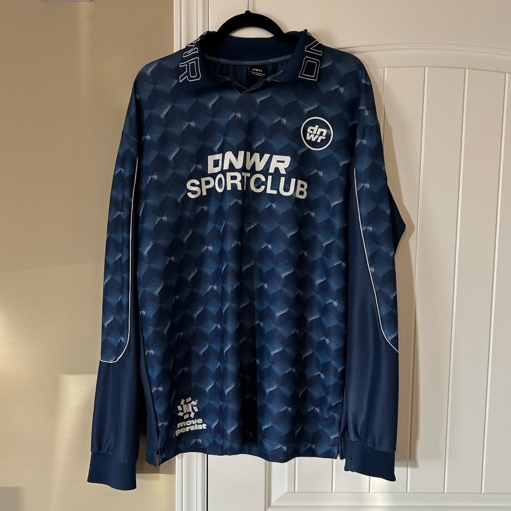 Zara Long Sleeve T Shirt- Blue and White- With Collar- Large